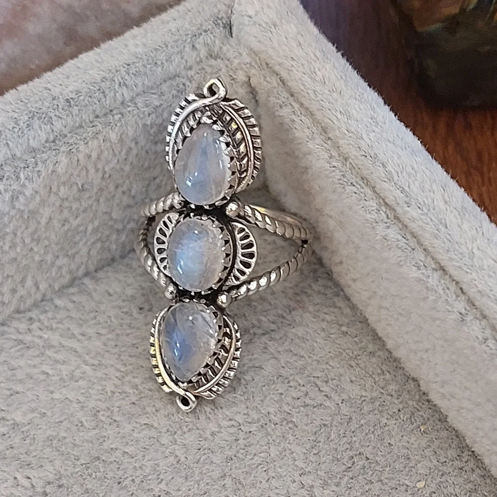 Triple Moonstone Solid Sterling Silver Ring